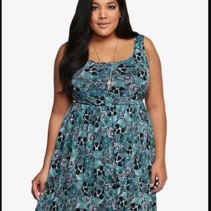 Torrid Skull Floral Fit and Flair Dress in Teal